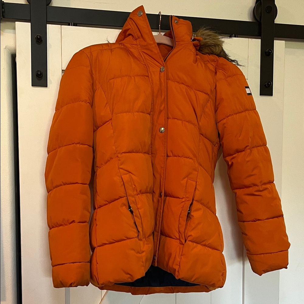 Tommy Hilfiger Orange Puffer Jacket faux fur hood